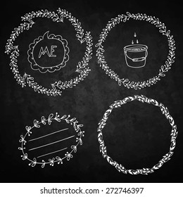 Set of wreaths and labels. Contains leaves, twigs, flowers, berries. Black background.