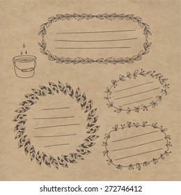 Set wreaths labels. Contains leaves, twigs, flowers, berries, drops a bucket. Kraft background.