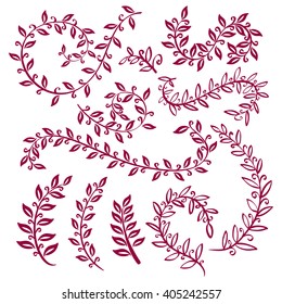Set wreaths and laurel. Hand painted vinous branches, leaves, leaf, petal decor elements. For design template, invitation. Hand sketched brushes texture. Nature, organic items. Vector art