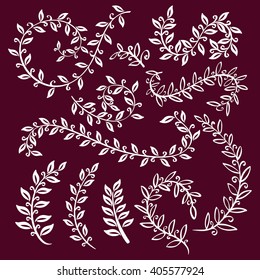 Set wreaths and laurel. Hand painted vinous branches, leaves, leaf, petal decor elements. For design template, invitation. Hand sketched brushes texture. Nature, organic items. Vector art