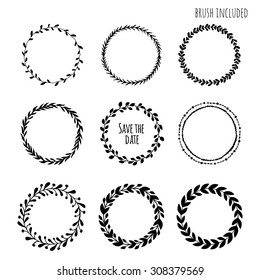 Set of wreaths, laurels, branches, leaves. Hand painted elements for design, sketch style, hand drawing line art template for lovely card, scrapbook, event, wedding or birthday. brush inside