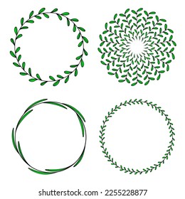 Set of wreaths of leaves, branches, twigs. Circle of branches with leaves.