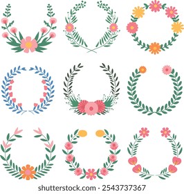 Set of wreaths with leaves and flowers. Hand drawing laurel wreaths collection. Laurels wreaths, swirls, twigs and flower ornaments. Herbs, flowers and plants elements. Design elements