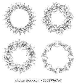 Set of wreaths of lilies in doodle style. Vector illustration isolated on white background.