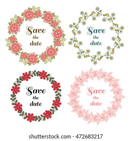 Set of wreaths made from different doodle flowers and leaves. Can be used for design of wedding invitation. Vector illustration.