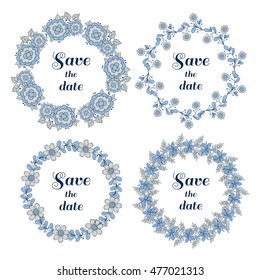 Set of wreaths made from different doodle flowers and leaves. Can be used for design of wedding invitation. Vector illustration.