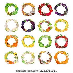 Set of wreaths made of fruit, vegetables and berries. Round frames of fresh organic products with space for text vector illustration