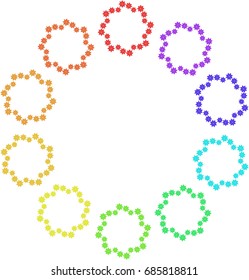 The set of wreaths of multicolored snowflakes on a white background