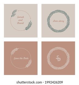 Set of wreaths on colored backgrounds. Round frame made of the twigs. Round template with space for text. Can be used for the logo, icons, wedding invitation, photo overlay, and greeting cards.