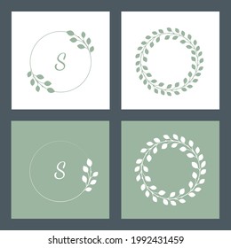 Set of wreaths on white and colored backgrounds. Round botanical template with space for text. Can be used for the logo, icons, wedding invitation, photo overlay, and greeting cards.