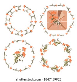 Un conjunto de coronas con flores anaranjadas. Ilustración vectorial.
