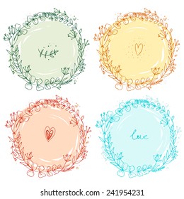 Set wreaths outlined with hand, delicate flowers. Vector image. Colored wreaths of flowers on a white background.