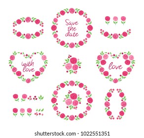 Set of wreaths of pink flowers. Hand drawn floral elements for greeting cards, invitation, wedding, party, Valentine's Day, Mother's Day, birthday. Vector.