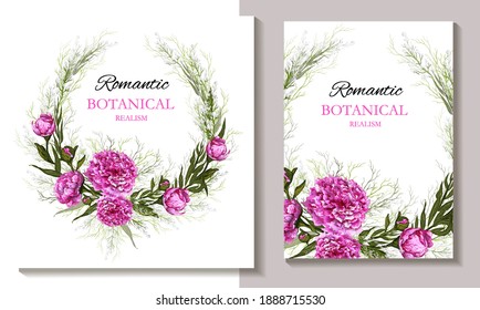 set of wreaths with pink flowers, tropical branches. luxurious, modern design of realistic peonies on a white background. for cards, wedding invitations, greeting cards.