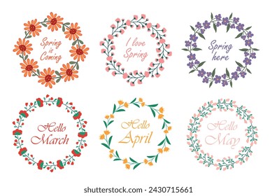 Conjunto de coronas con frases de primavera. Hola primavera, la primavera se acerca, ilustración vectorial de marcos redondos con flores de diferentes colores. Eps 10, adecuado para postales, banners, folletos