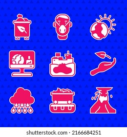 Set Wrecked oil tanker ship, Coal train wagon, Volcano eruption with lava, Sprout hand, Cloud, Weather forecast, Global warming and Recycle bin recycle icon. Vector