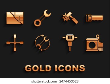 Llave y flechas como flujo de trabajo, sierra de mano, pincel de cubo de pintura, construcción jackhammer, llave de rueda, martillo, ladrillos e icono de llave inglesa. Vector