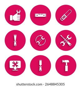 Set Wrench and arrows as workflow, Rasp metal file, Hammer, Screwdriver wrench, Location with, Putty knife, Chainsaw and spanner icon. Vector