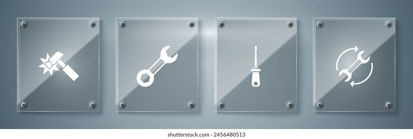 Set Wrench and arrows as workflow, Screwdriver, spanner and Hammer. Square glass panels. Vector