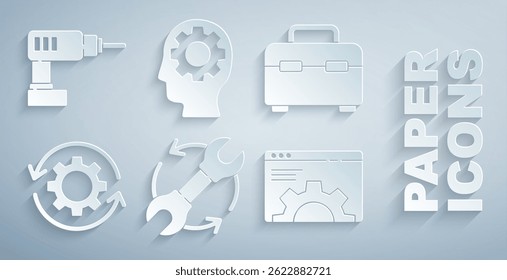 Set Wrench and arrows as workflow, Toolbox, Gear, Browser setting, Human head with gear inside and Electric drill machine icon. Vector
