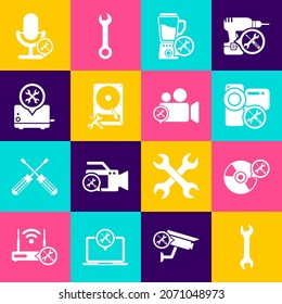 Set Wrench, CD or DVD disk service, Video camera, Blender, Hard drive, Toaster, Microphone and  icon. Vector
