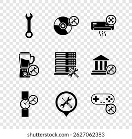 Set Wrench, CD ou DVD serviço de disco, Ar condicionado, relógio de pulso, Localização, Gamepad, Blender e ícone do servidor de banco de dados. Vetor