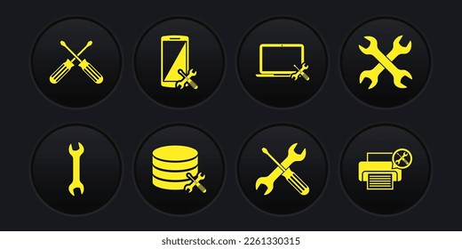 Set Wrench, Crossed wrenchs, Database server service, screwdriver and, Laptop, Smartphone, Printer and screwdriver icon. Vector