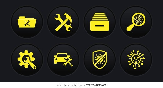 Set Wschlüssel und Getriebe, Mikroorganismen unter Lupe, Autodienst, Stopfvirus, Bakterien, Schubladen mit Dokumenten, Hammerschlüssel, Bakterien und Ordner-Symbol. Vektorgrafik