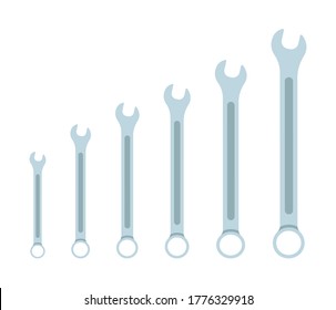 Set of Wrench icon flat elements. From small to large. Size. Grey colored vector illustration of wrenches icon flat isolated on clean background for web mobile app logo design.