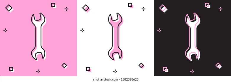 Set Wrench icon isolated on pink and white, black background. Spanner repair tool. Service tool symbol.  Vector Illustration