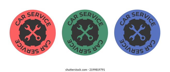 Set wrench logo. Vector symbol car service. Wrench with text. Green red blue retro Isolated on white background. Wrench Fist Mechanic Logo.