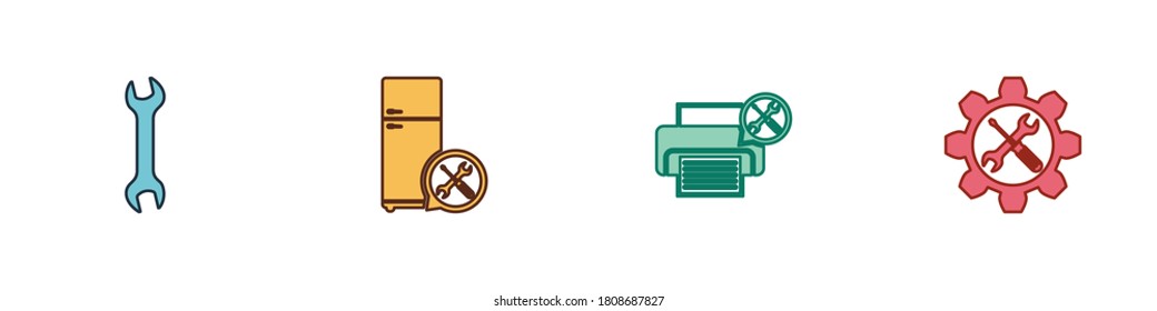 Ajuste el icono de la llave, el servicio de refrigerador, la impresora y el engranaje del destornillador. Vector.