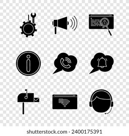 Set Wrench and screwdriver in gear, Megaphone, System bug concept, Open mail box, No Internet connection, Man with headset, Information and Speech bubble call icon. Vector