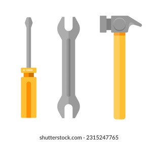 Set of wrench, screwdriver and hammer. Service tools. Industry hand drawn flat collection. Industrial equipment