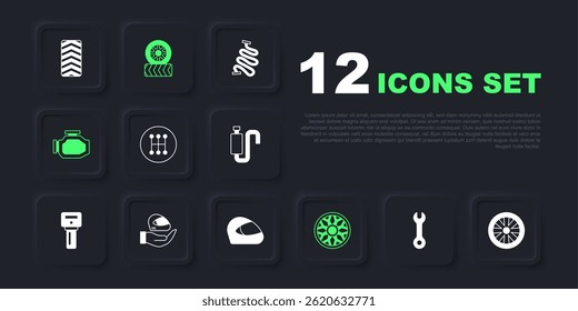 Definir chave chave chave chave chave chave, roda de liga para o carro, mudança de engrenagens, Verificar motor, Capacete de corrida, Pneu de carro e ícone. Vetor