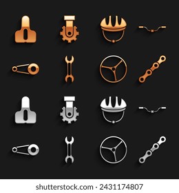 Set Wrench spanner, Bicycle handlebar, chain, wheel, with gear, helmet, seat and Derailleur bicycle rear icon. Vector