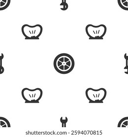 Set Wrench spanner, Bicycle wheel and punctured tire on seamless pattern. Vector