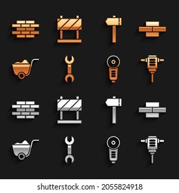 Set Wrench spanner, Bricks, Electric rotary hammer drill, Angle grinder, Shovel, Hammer,  and Road barrier icon. Vector