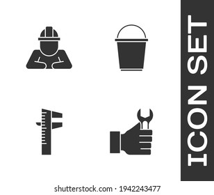 Set Wrench spanner, Builder, Calliper or caliper and scale and Bucket icon. Vector