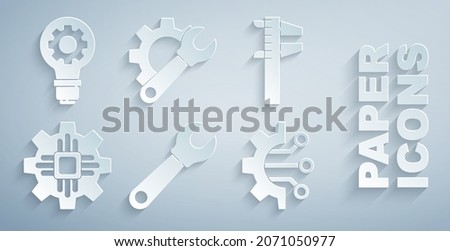 Set Wrench spanner, Calliper or caliper and scale, Processor, Algorithm, gear and Light bulb icon. Vector