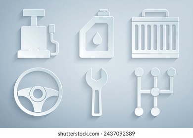 Set Wrench spanner, Car radiator cooling system, Steering wheel, Gear shifter, Canister for motor oil and air pump icon. Vector