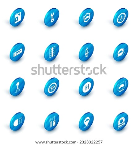 Set Wrench spanner, Car with shield, Alloy wheel, Audio, Gear shifter, tire, service and spark plug icon. Vector