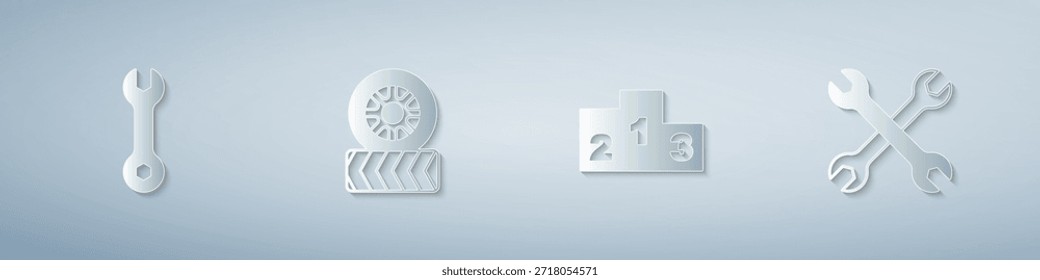 Llave inglesa, rueda del neumático del coche, premio sobre el podio del ganador de los deportes y . Estilo de arte de papel. Vector