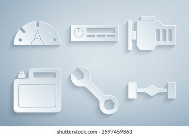 Set Wrench spanner, Check engine, Canister for motor oil, Chassis car, Car Audio and Speedometer icon. Vector