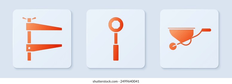Set Wrench spanner, Clamp tool and Wheelbarrow. White square button. Vector