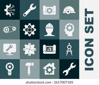 Set Wrench spanner, Drawing compass, Human head with gear inside, Graphing paper and, Processor, Timing belt kit, Algorithm and Worker safety helmet icon. Vector