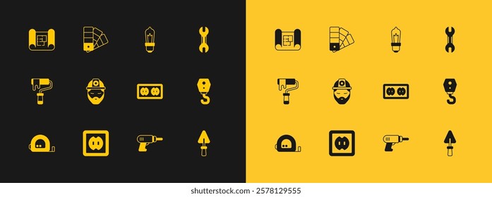 Set Wrench spanner, Electrical outlet, drill machine, Builder, Light bulb, House plan and Color palette guide icon. Vector