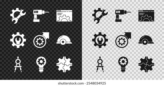 Llave inglesa y engranaje, máquina de perforación eléctrica, configuración del navegador, brújula de dibujo, bombilla, engranaje e icono de proceso de flujo de trabajo de flechas. Vector