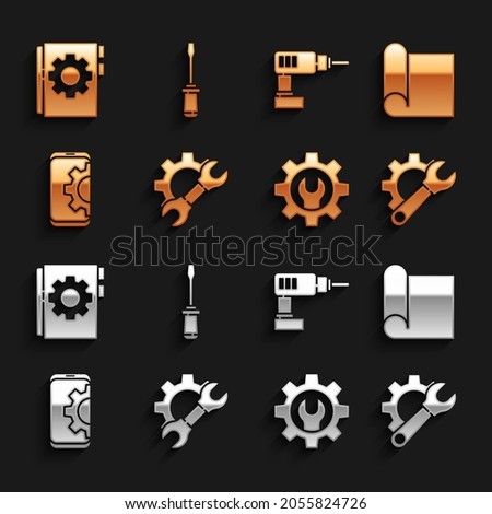 Set Wrench spanner and gear, Graphing paper for engineering, Setting on smartphone, Electric drill machine, User manual and Screwdriver icon. Vector