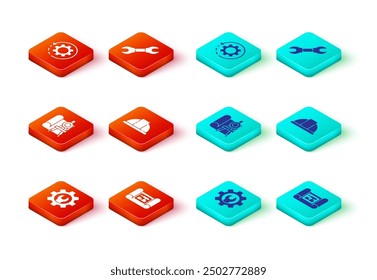 Set Wrench spanner and gear, House plan, Graphing paper compass, Worker safety helmet,  and Gear arrows workflow icon. Vector